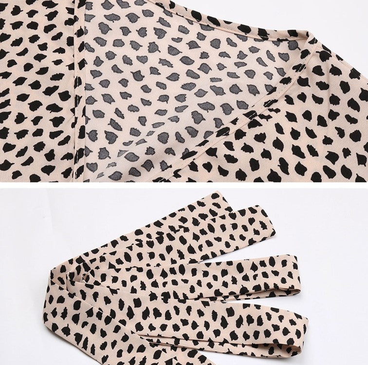 Leopard Print Wrap Midi Dress with Tie Waist - Khaki - 2