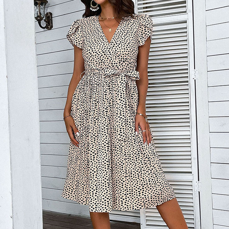 Leopard Print Wrap Midi Dress with Tie Waist - Khaki - 3