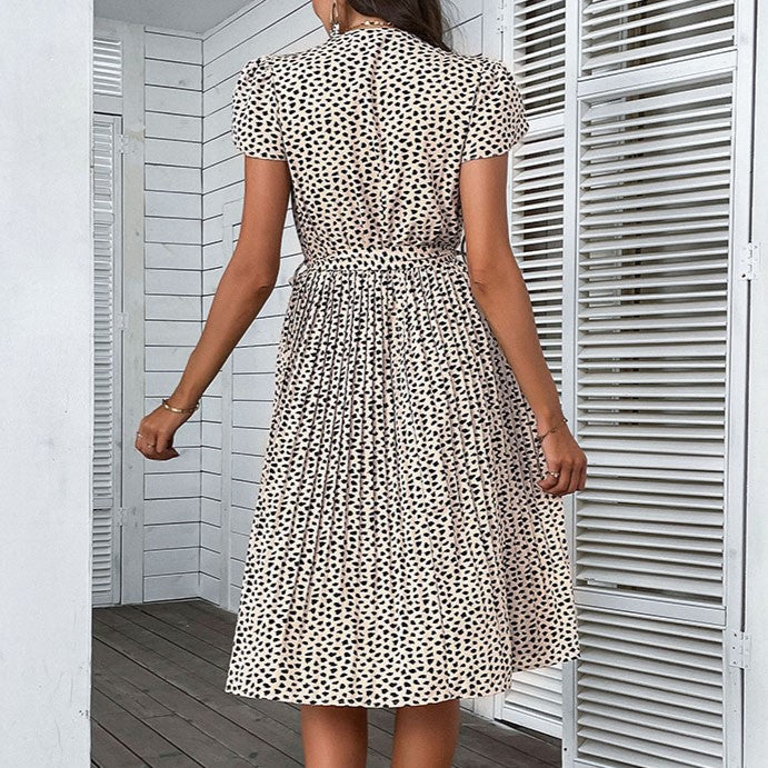 Leopard Print Wrap Midi Dress with Tie Waist - Khaki - 6