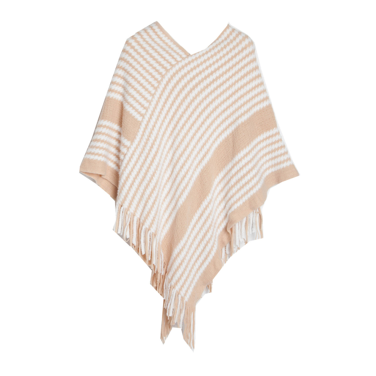 Striped Knit Fringe Poncho Sweater - Beige