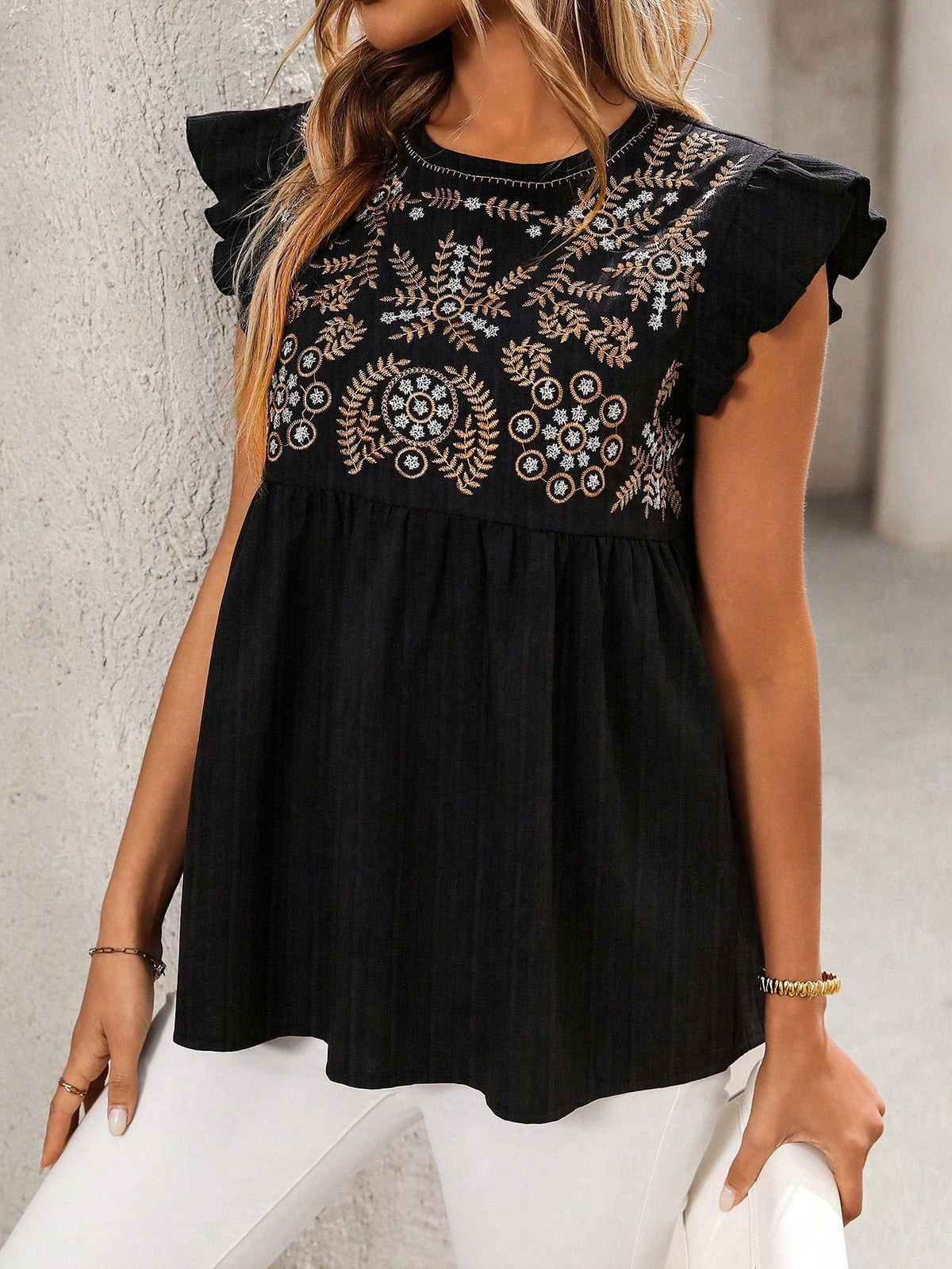 Embroidered Yoke Flutter Sleeve Peplum Blouse - Black