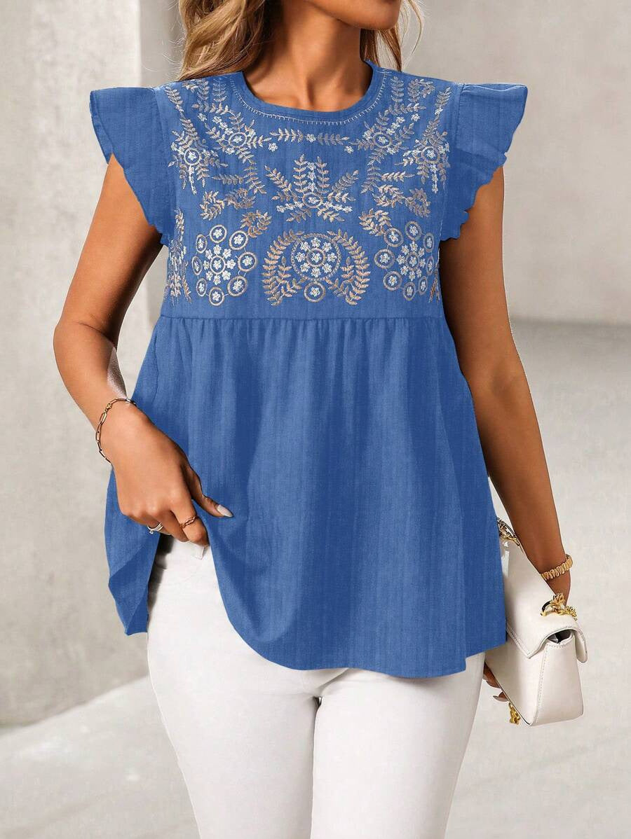 Embroidered Yoke Flutter Sleeve Peplum Blouse - Blue