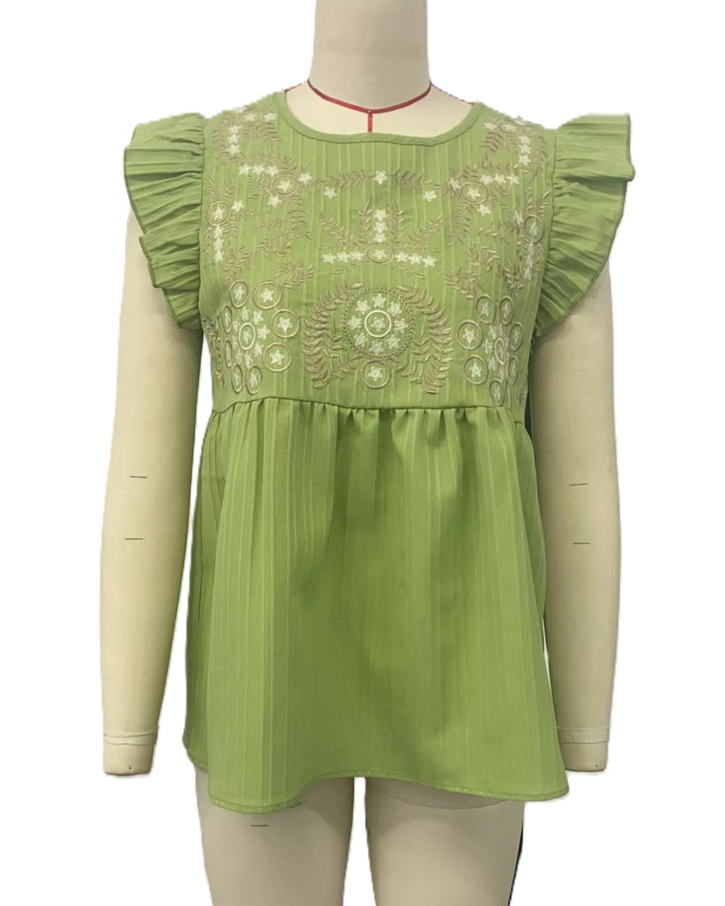 Embroidered Yoke Flutter Sleeve Peplum Blouse - Green
