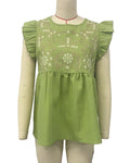Embroidered Yoke Flutter Sleeve Peplum Blouse - Green