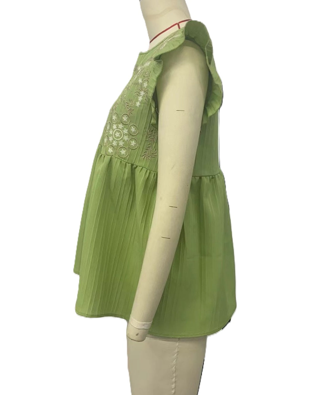 Embroidered Yoke Flutter Sleeve Peplum Blouse - Green - 2