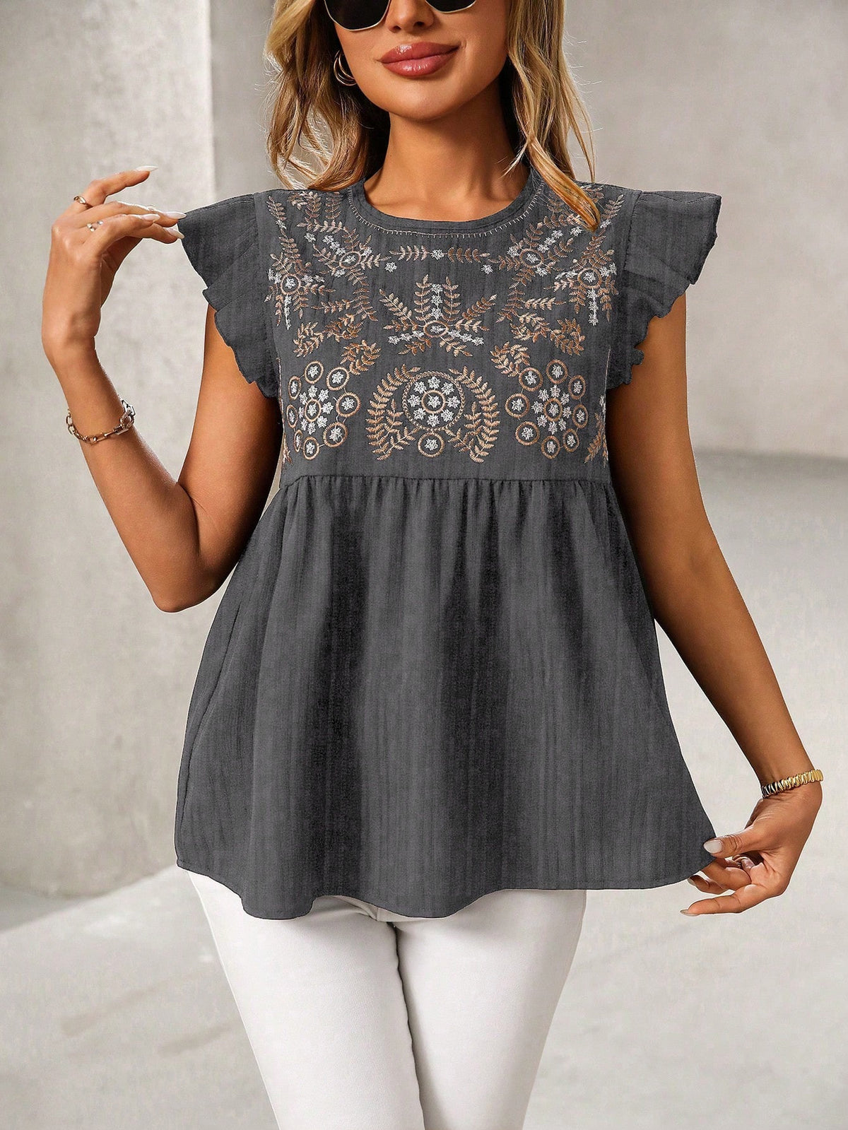 Embroidered Yoke Flutter Sleeve Peplum Blouse - Grey