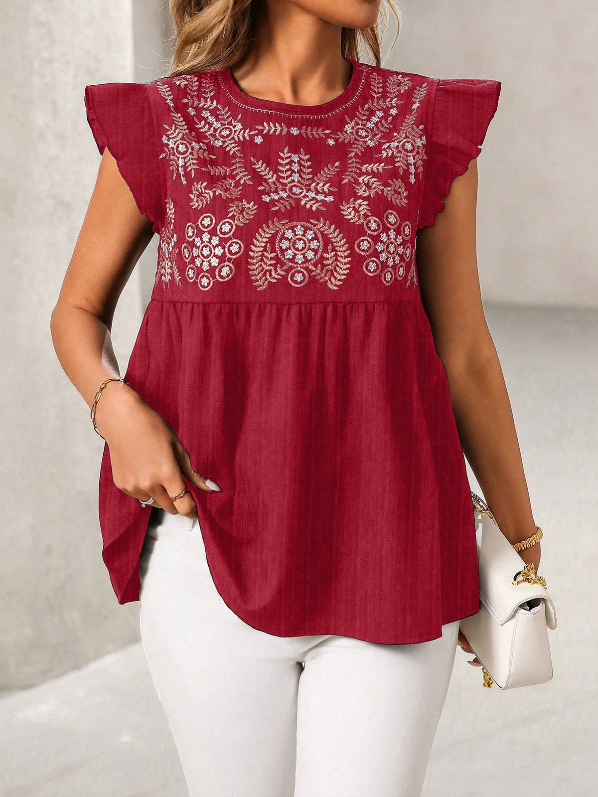 Embroidered Yoke Flutter Sleeve Peplum Blouse - Red