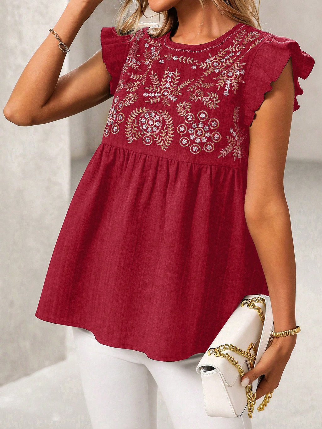 Embroidered Yoke Flutter Sleeve Peplum Blouse - Red - 1