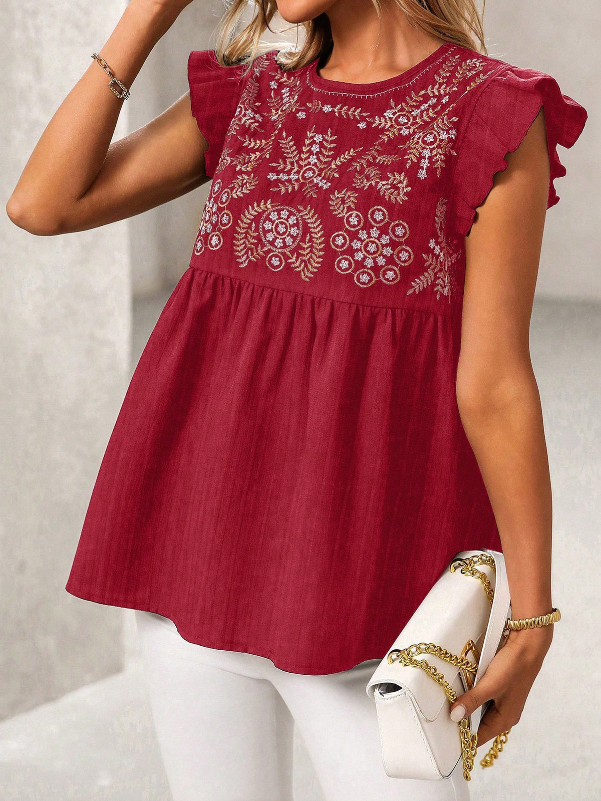 Embroidered Yoke Flutter Sleeve Peplum Blouse - Red - 1