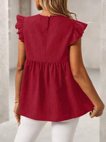 Embroidered Yoke Flutter Sleeve Peplum Blouse - Red - 2