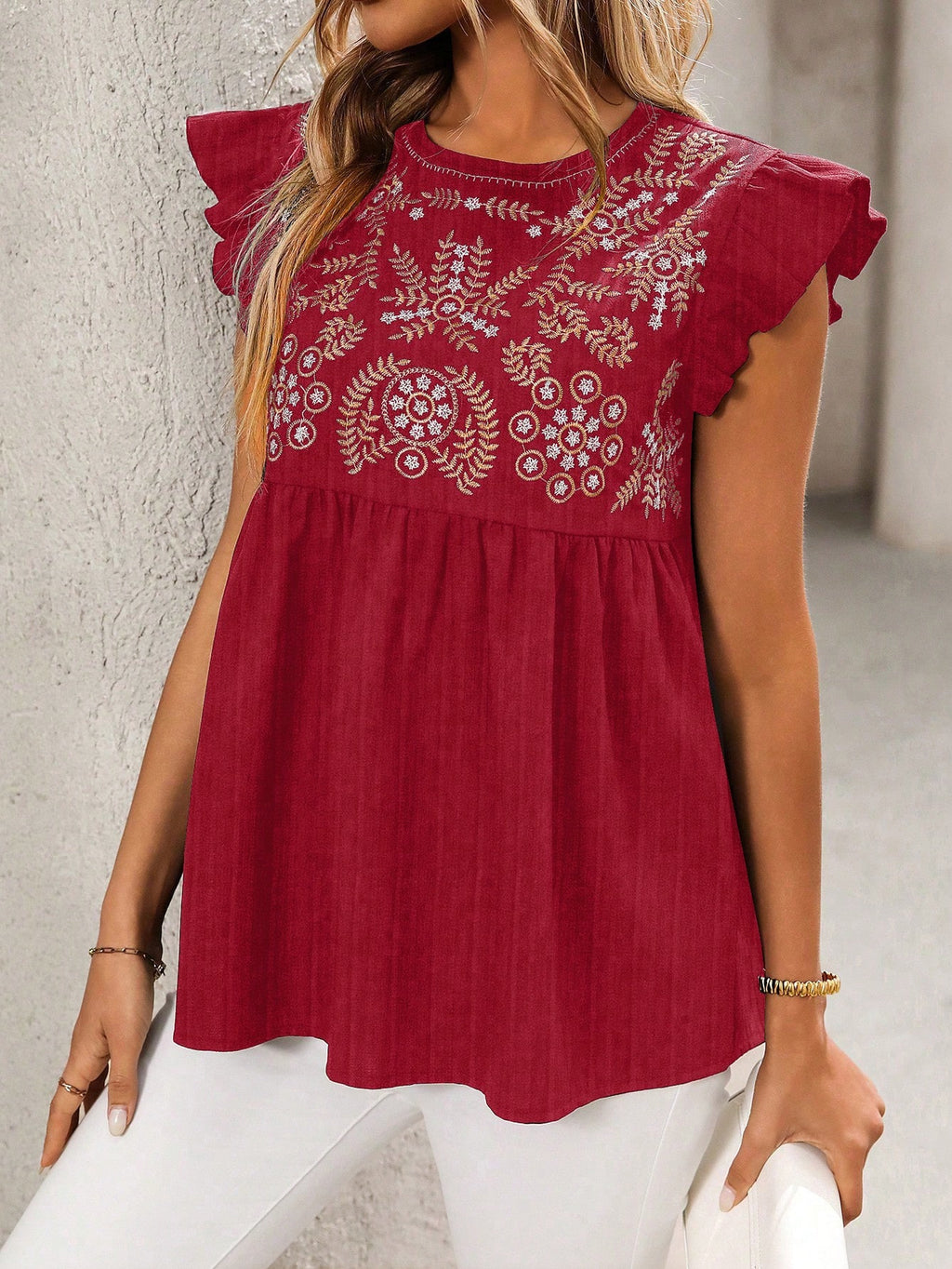 Embroidered Yoke Flutter Sleeve Peplum Blouse - Red - 3