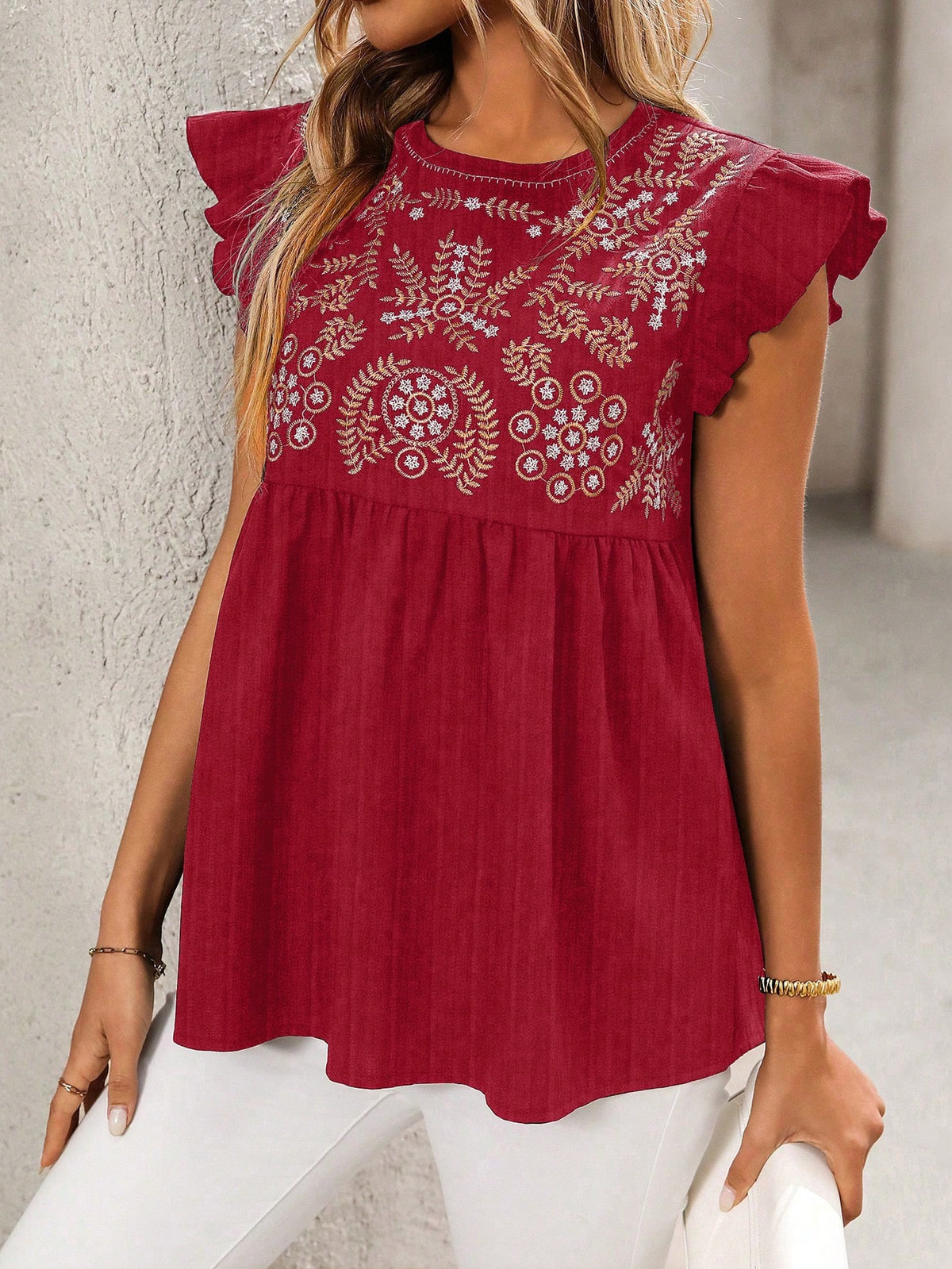 Embroidered Yoke Flutter Sleeve Peplum Blouse - Red - 3