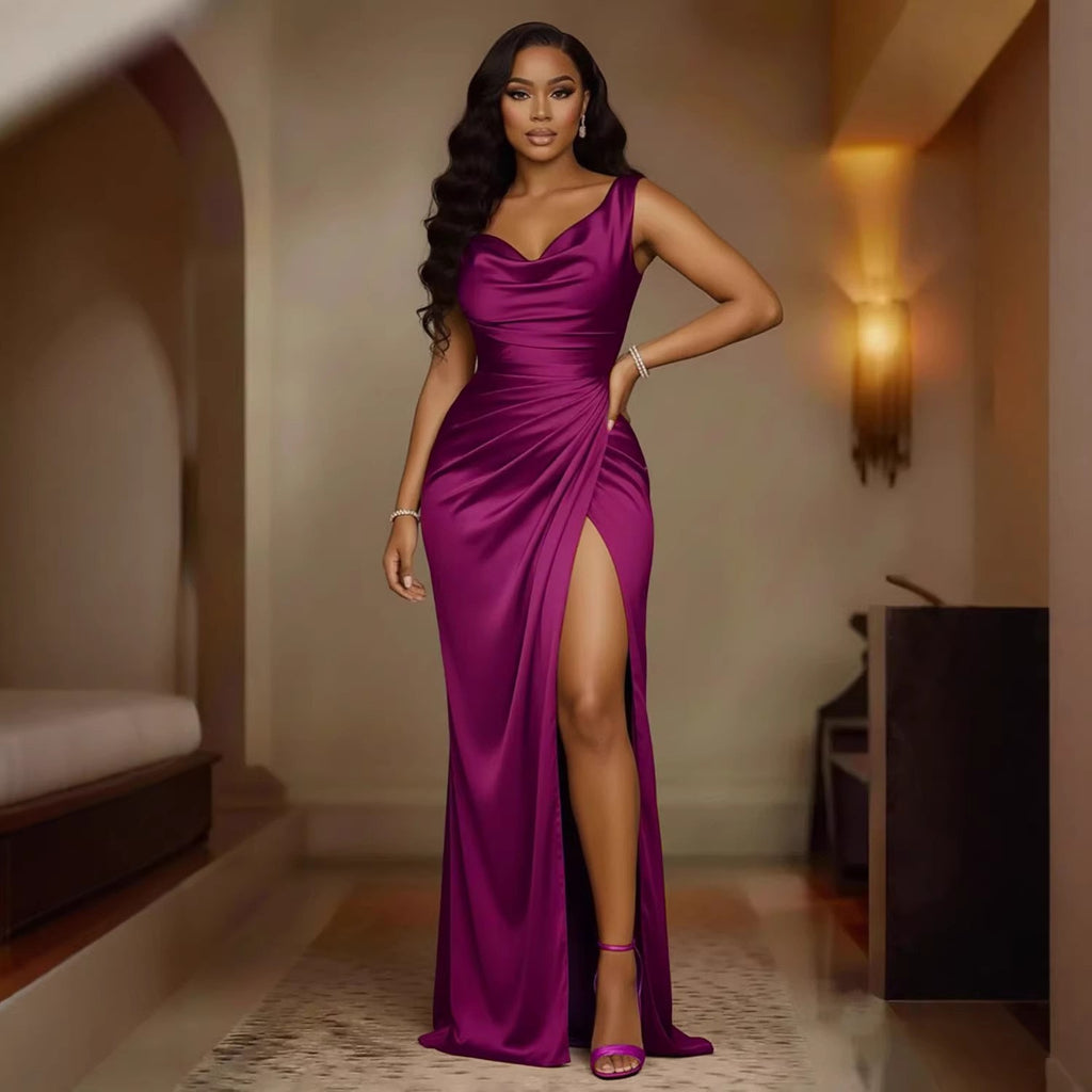 Satin Cowl Neck Ruched Thigh Slit Maxi Gown