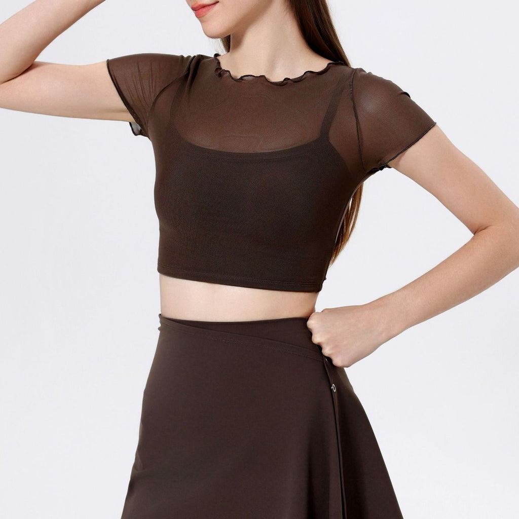 Sheer Mesh Lettuce Edge Cropped Workout Tee With Pads - Espresso