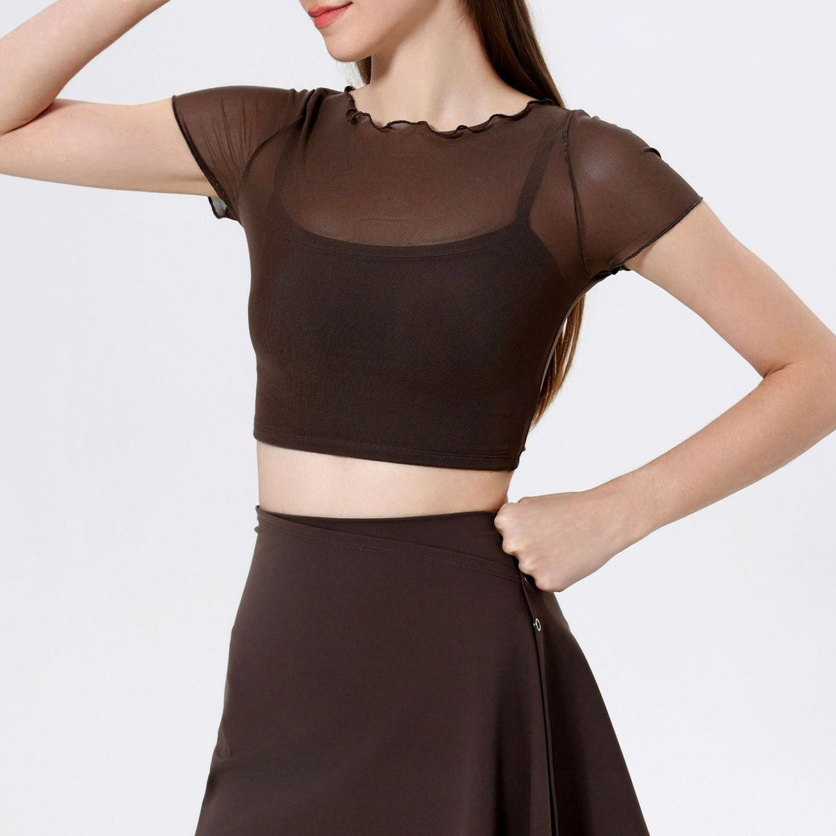 Sheer Mesh Lettuce Edge Cropped Workout Tee With Pads - Espresso