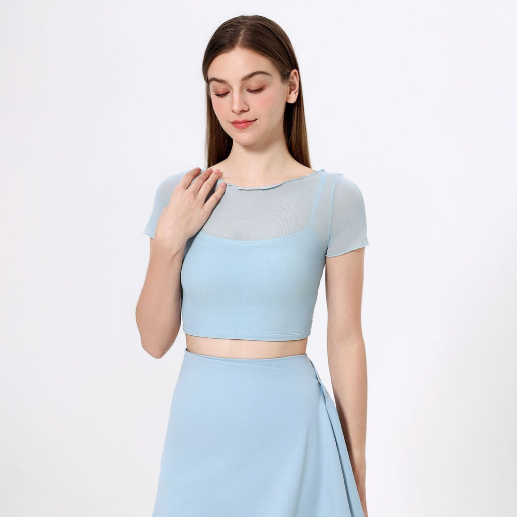 Sheer Mesh Lettuce Edge Cropped Workout Tee With Pads