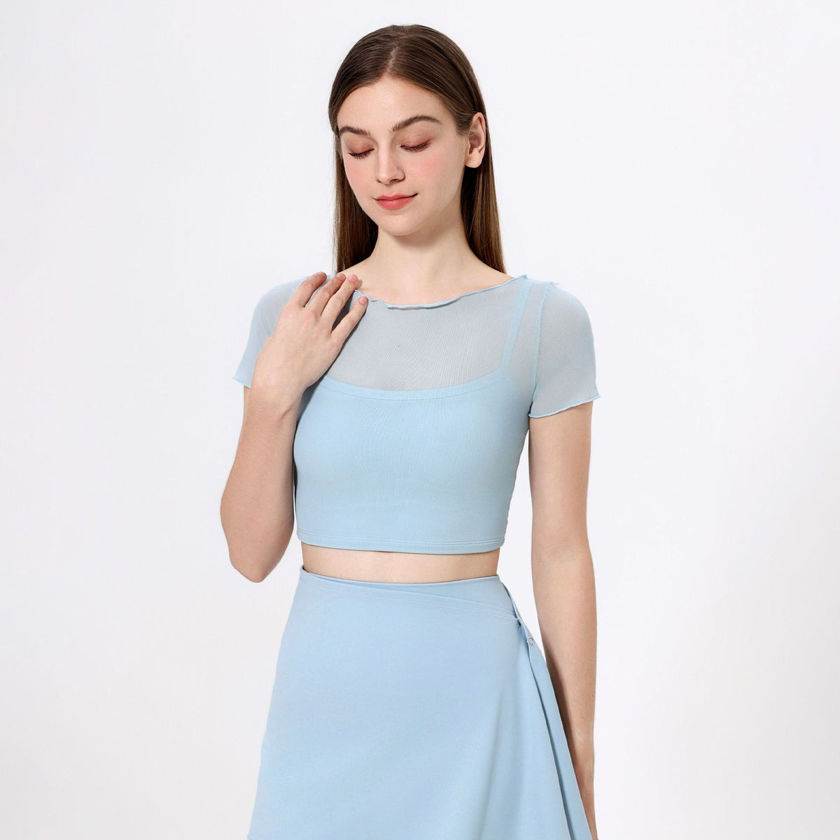 Sheer Mesh Lettuce Edge Cropped Workout Tee With Pads