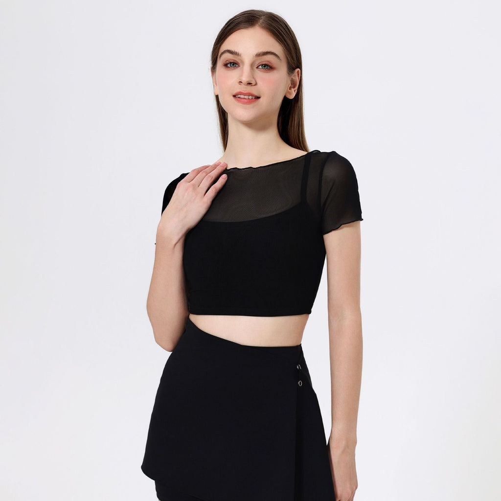 Sheer Mesh Lettuce Edge Cropped Workout Tee With Pads