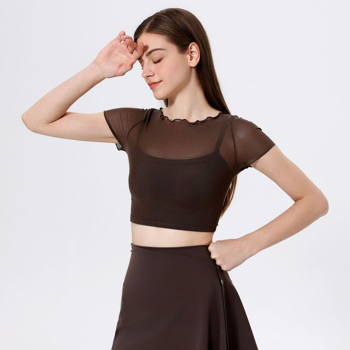 Sheer Mesh Lettuce Edge Cropped Workout Tee With Pads