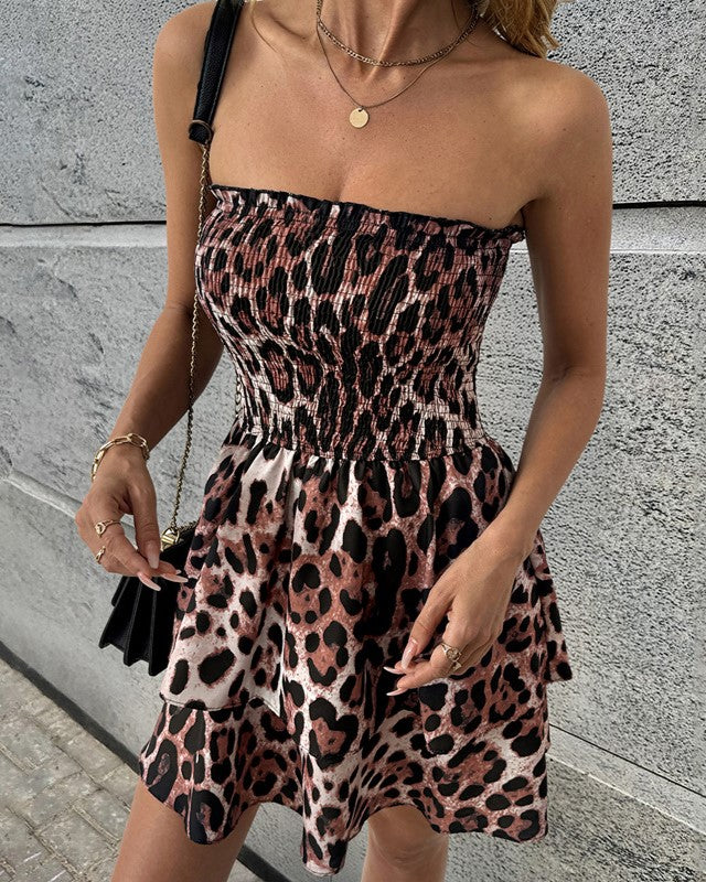 Leopard Print Strapless Shirred Mini Dress - Leopard - 3