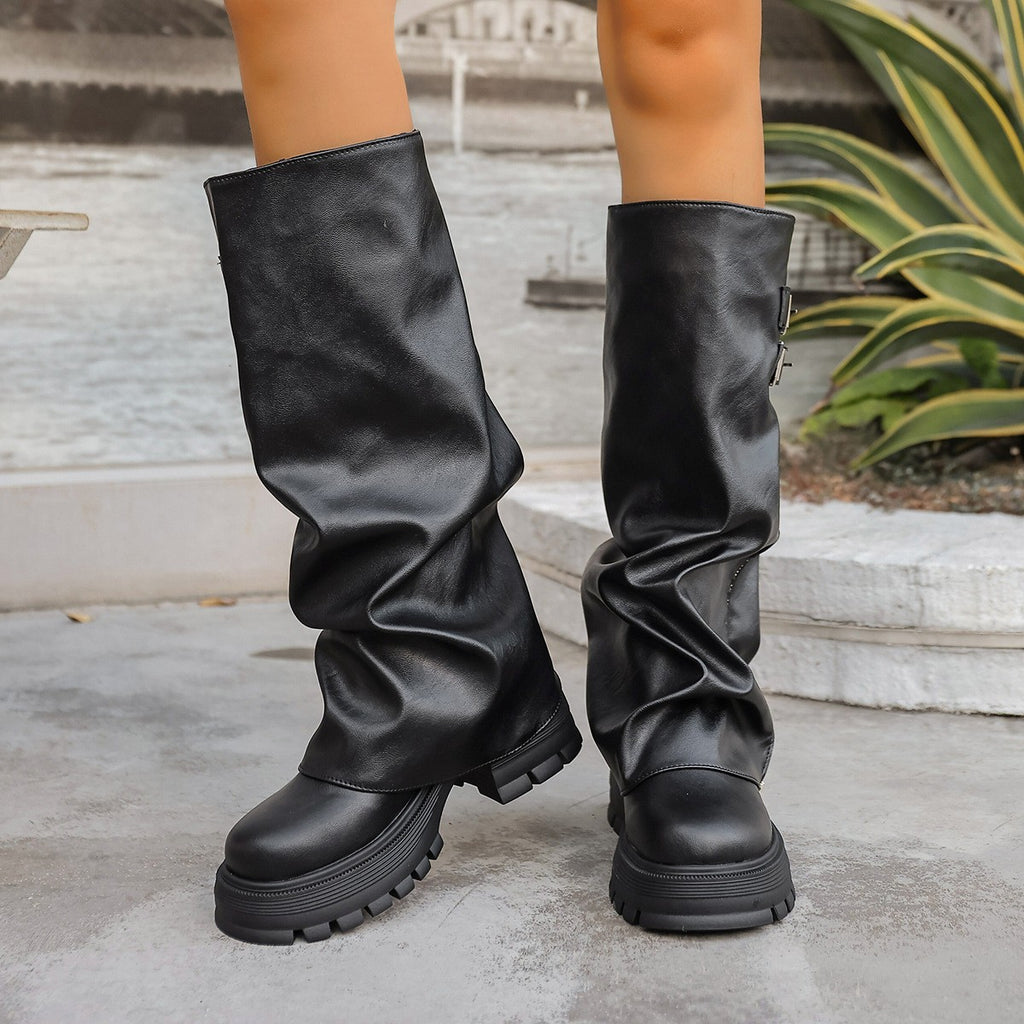 Fold Over Buckle Lug Sole Slouch Boots - Black