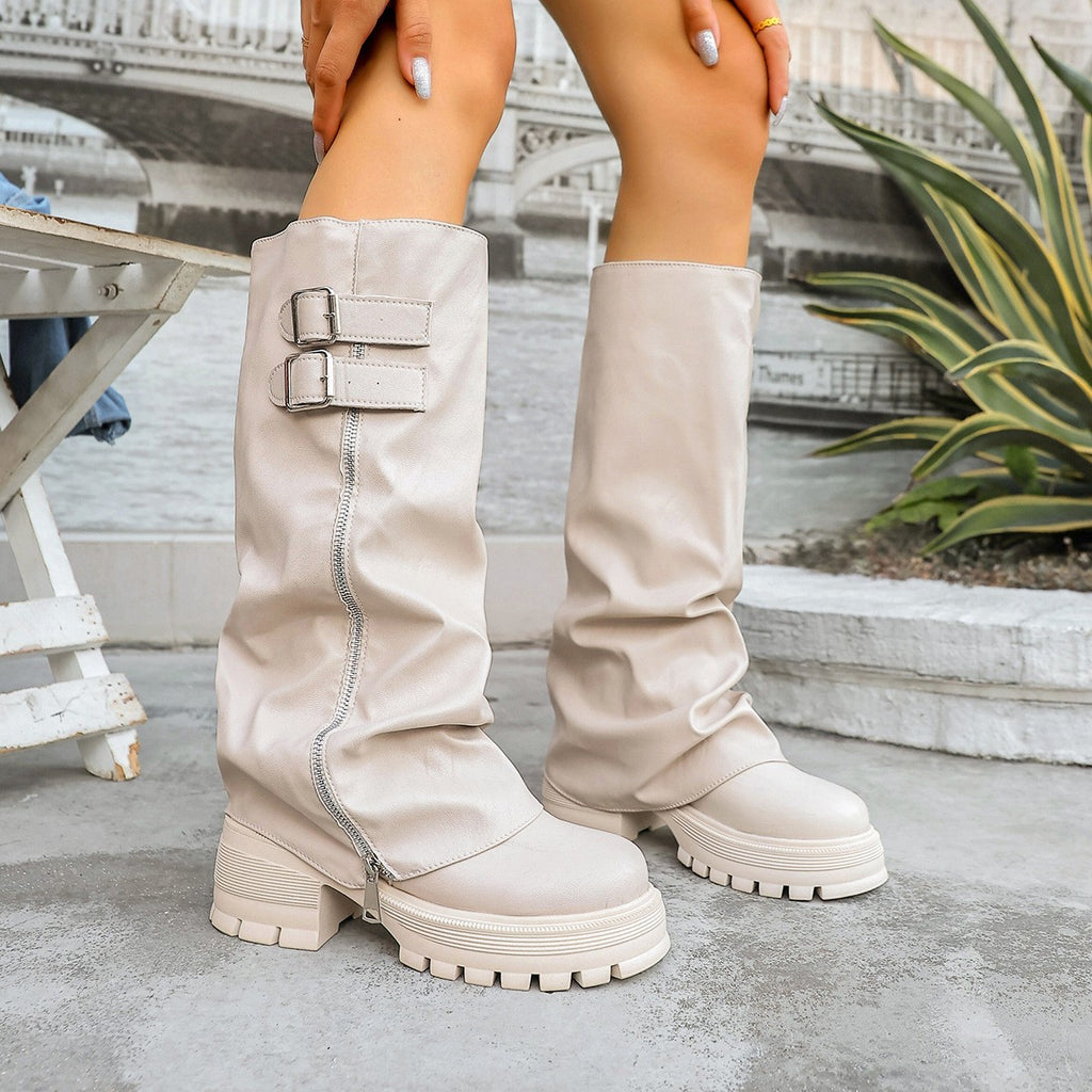 Fold Over Buckle Lug Sole Slouch Boots - Cream