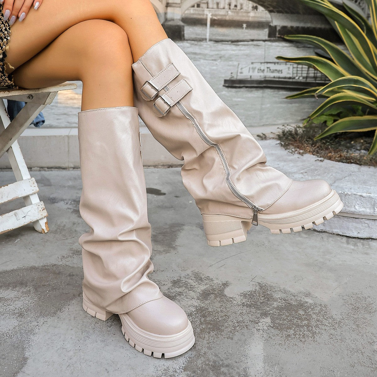 Fold Over Buckle Lug Sole Slouch Boots