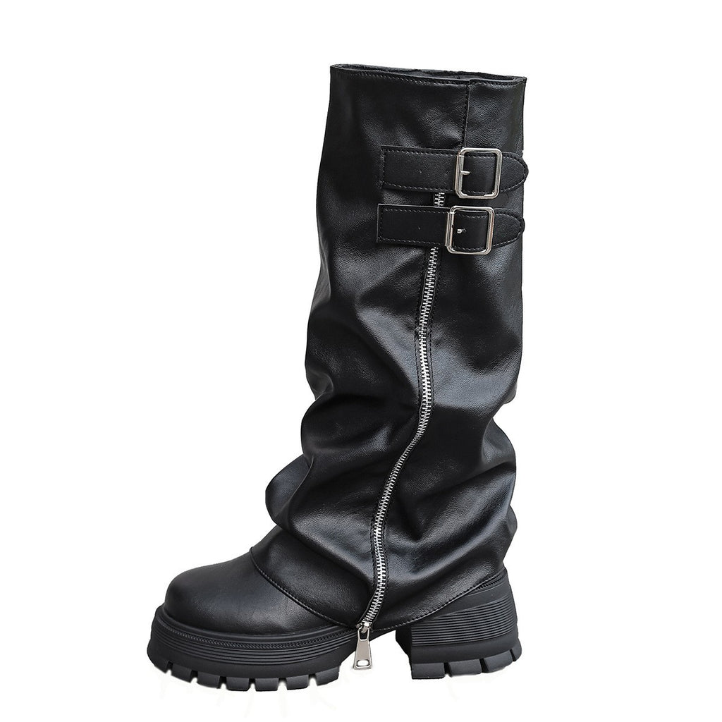 Fold Over Buckle Lug Sole Slouch Boots