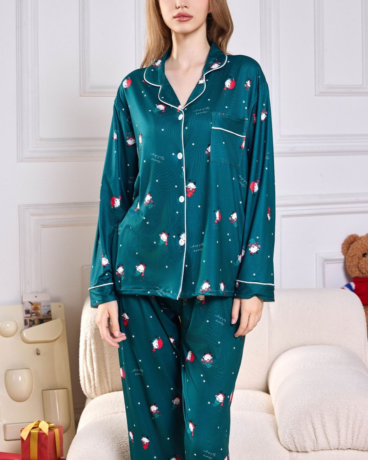 Holiday Print Satin Pajama Set - Green - 1