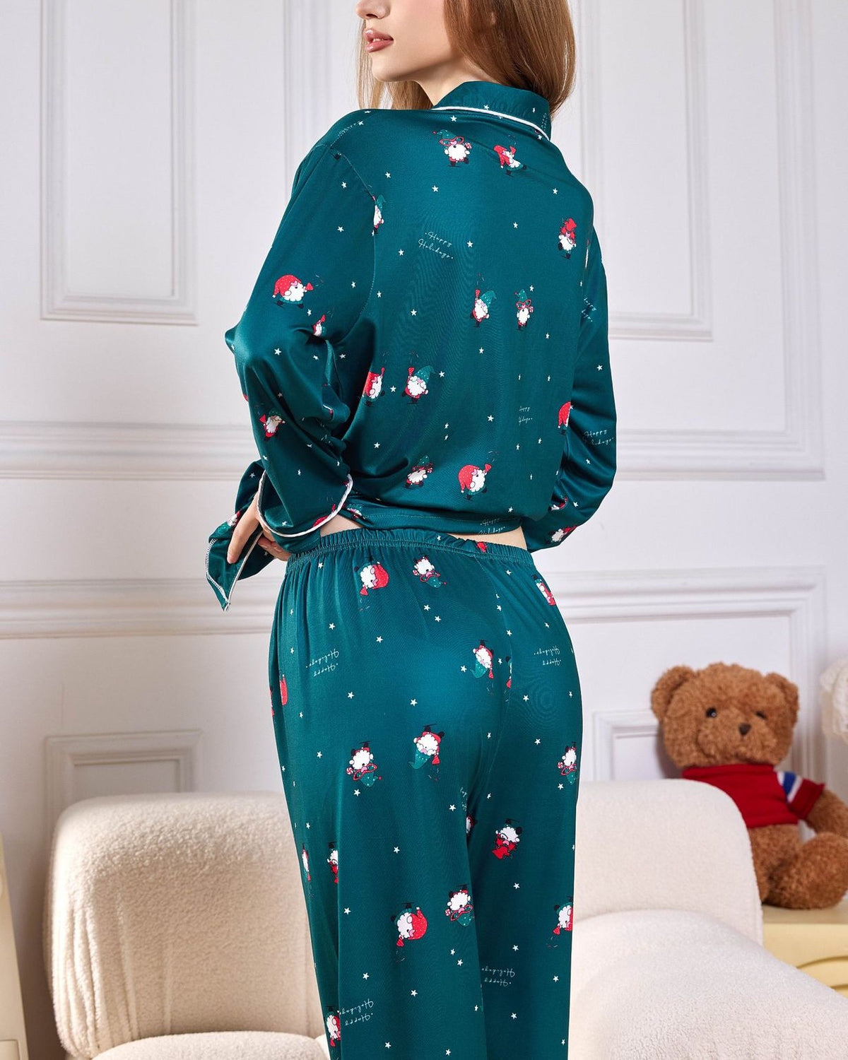 Holiday Print Satin Pajama Set - Green - 2