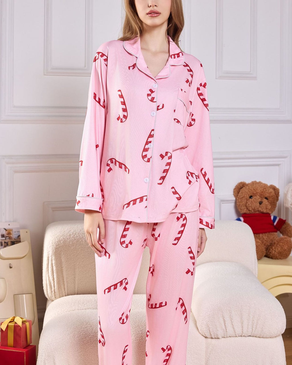 Holiday Print Satin Pajama Set - Pink