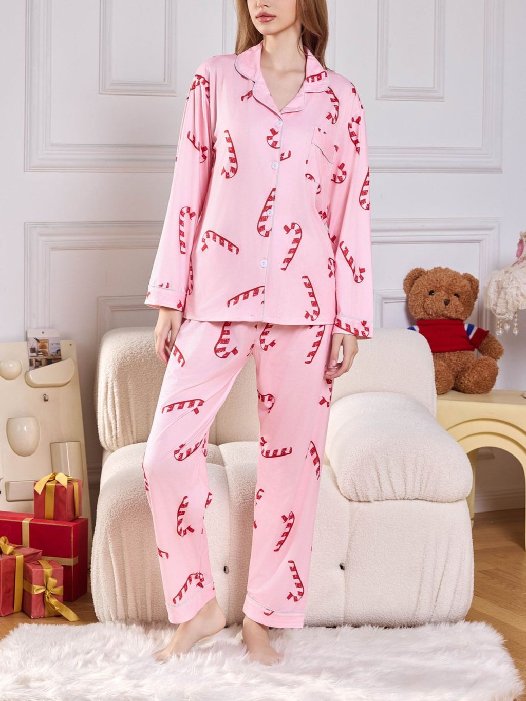 Holiday Print Satin Pajama Set - Pink - 1