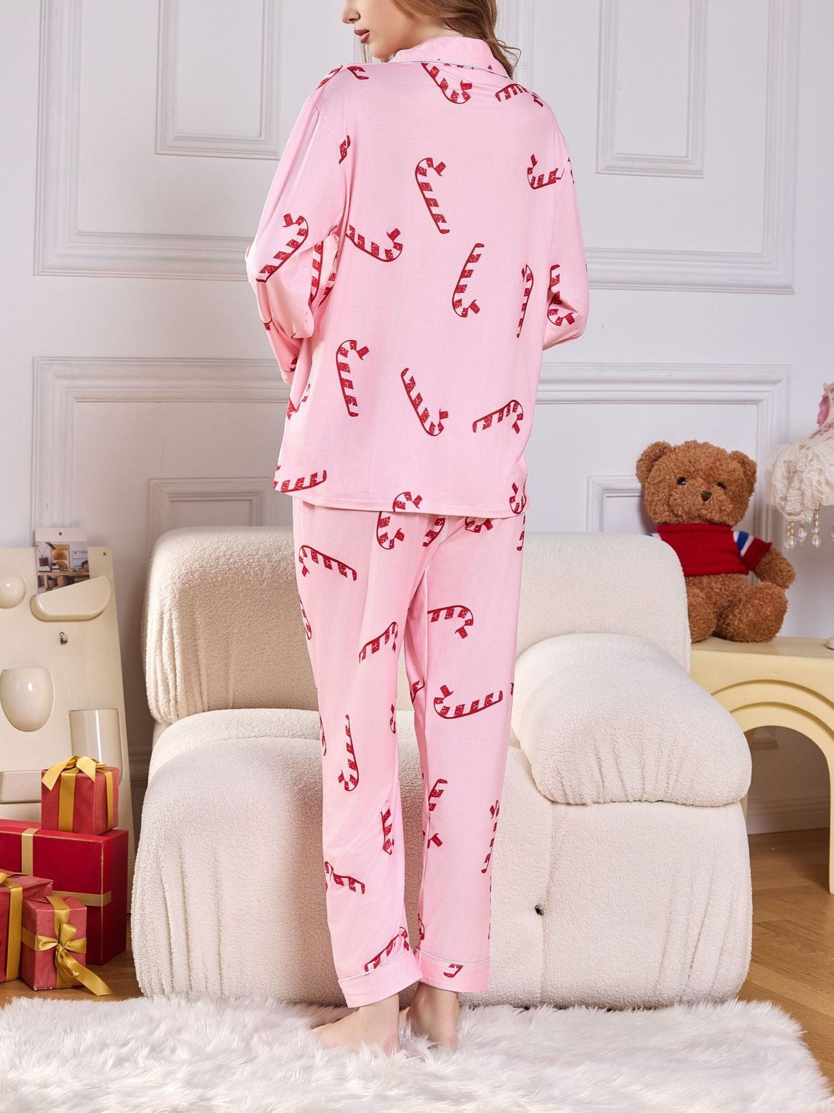 Holiday Print Satin Pajama Set - Pink - 2