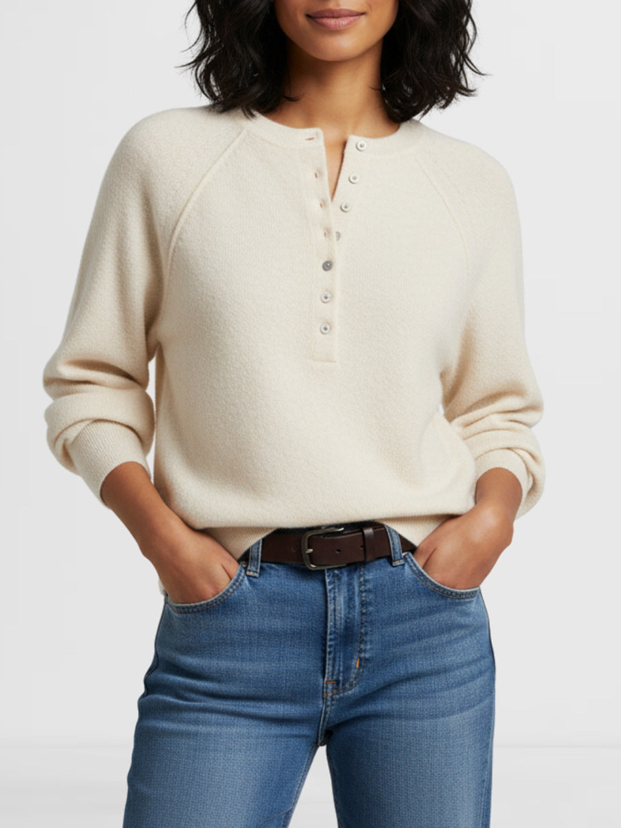 Henley Button Raglan Knit Pullover Sweater - Apricot