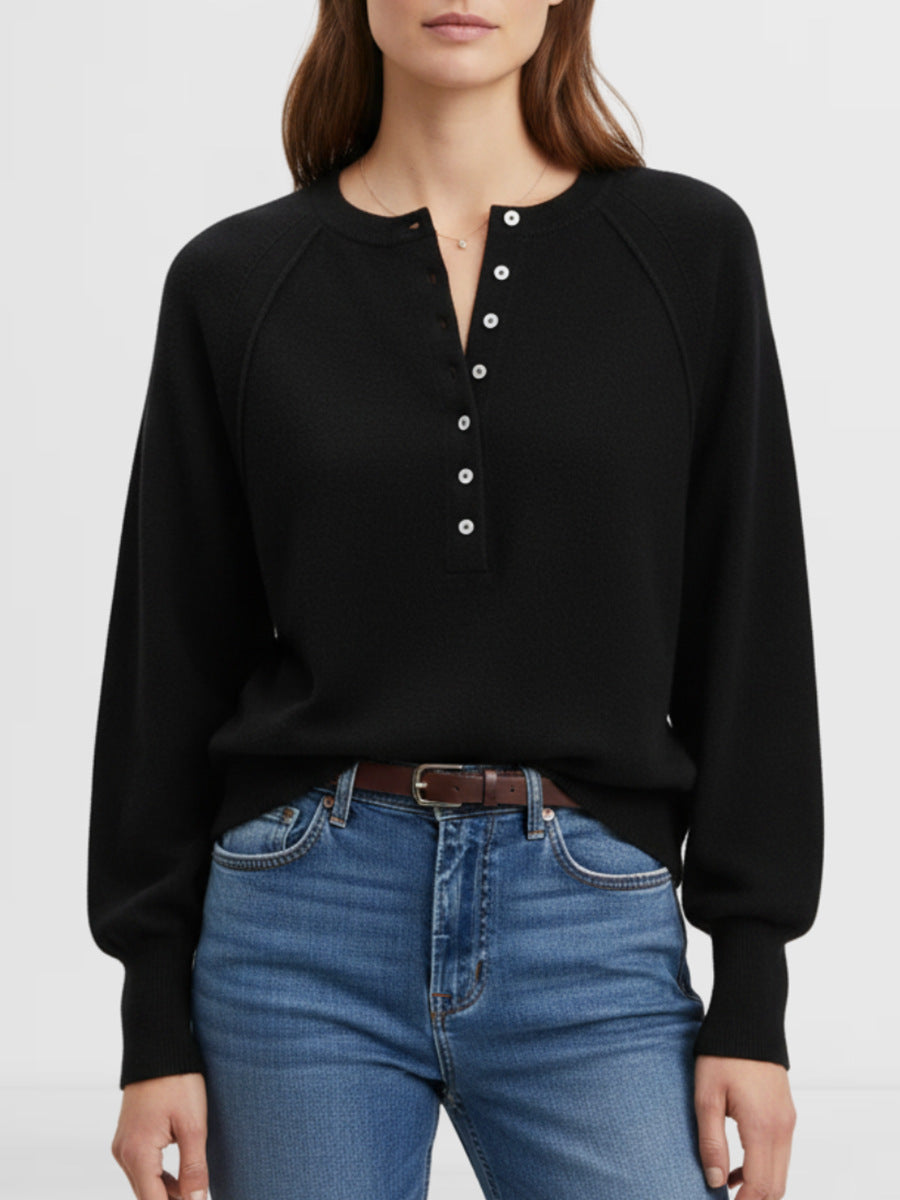 Henley Button Raglan Knit Pullover Sweater - Black