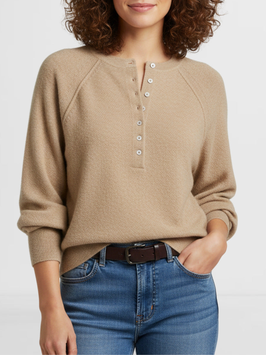Henley Button Raglan Knit Pullover Sweater - Khaki