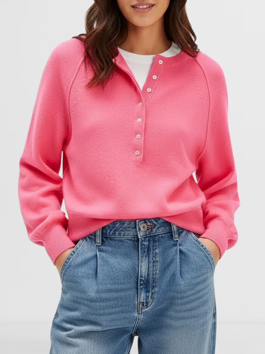 Henley Button Raglan Knit Pullover Sweater - RoseRed