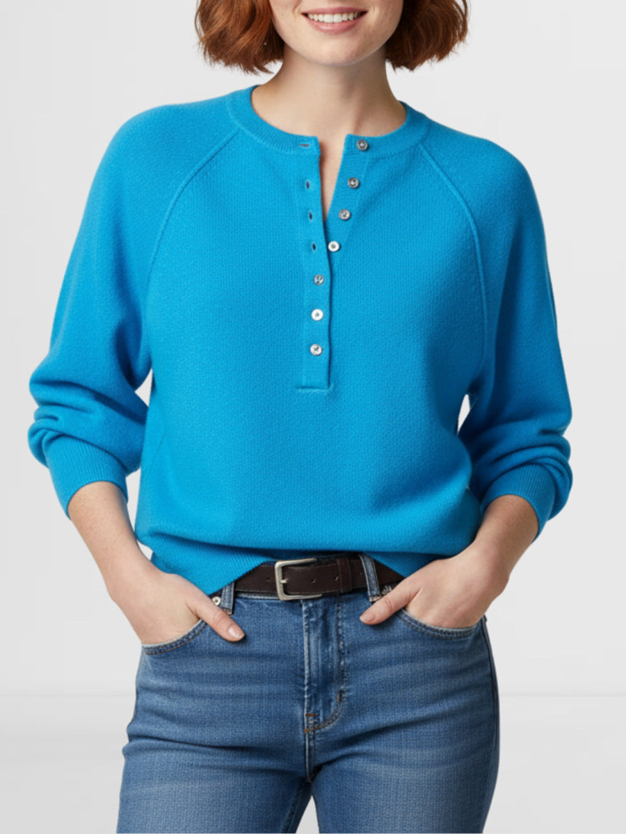 Henley Button Raglan Knit Pullover Sweater - SkyBlue