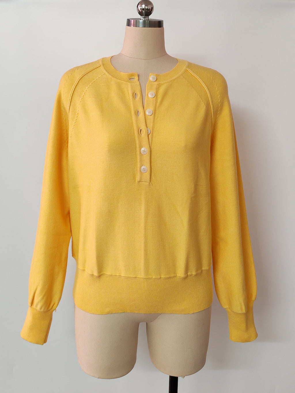 Henley Button Raglan Knit Pullover Sweater - Yellow