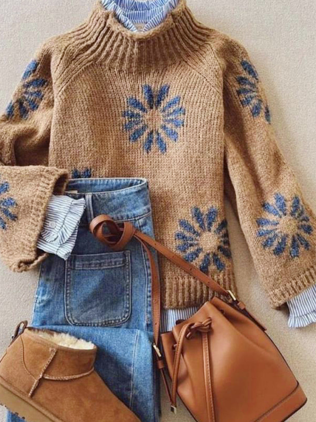 Daisy Knit Sweater with Rolled Mock Neck - Khaki - 4