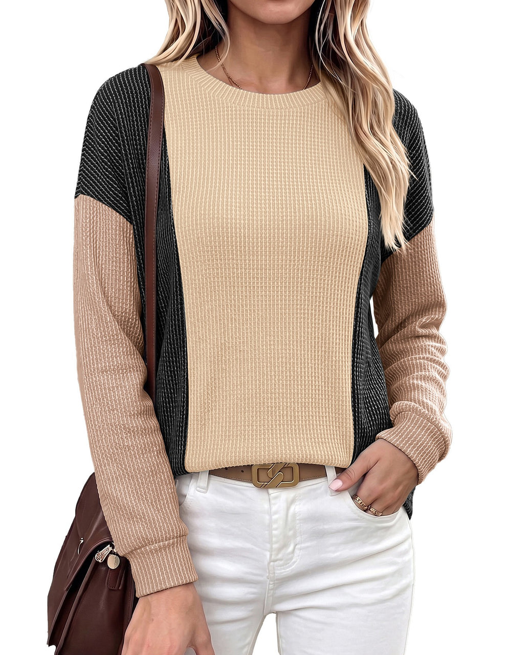 Waffle Knit Colorblock Tee With Contrast Sleeves - Black