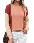 Waffle Knit Colorblock Tee With Contrast Sleeves - Red