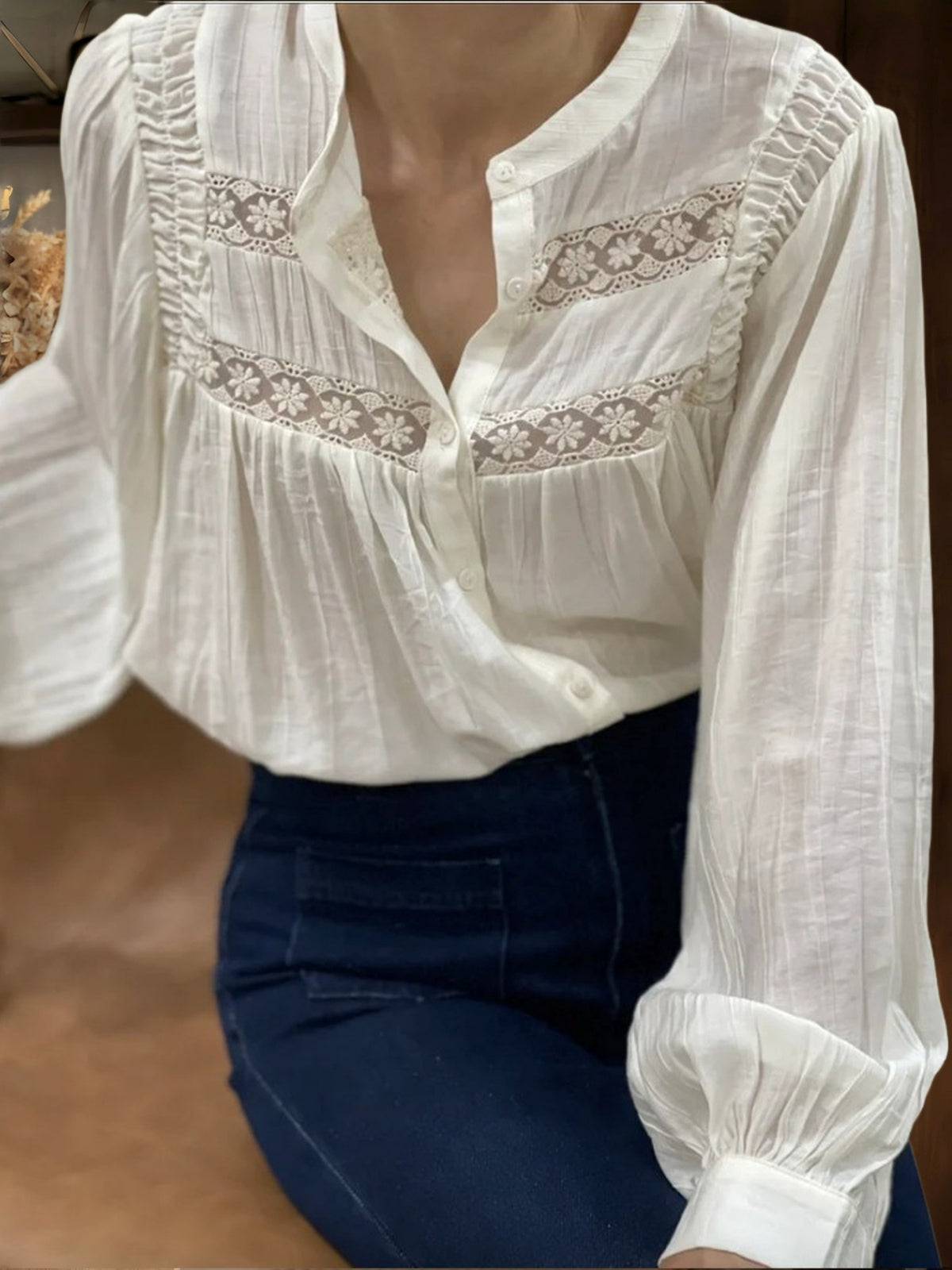 Lace Trim Balloon Sleeve Boho Blouse - White