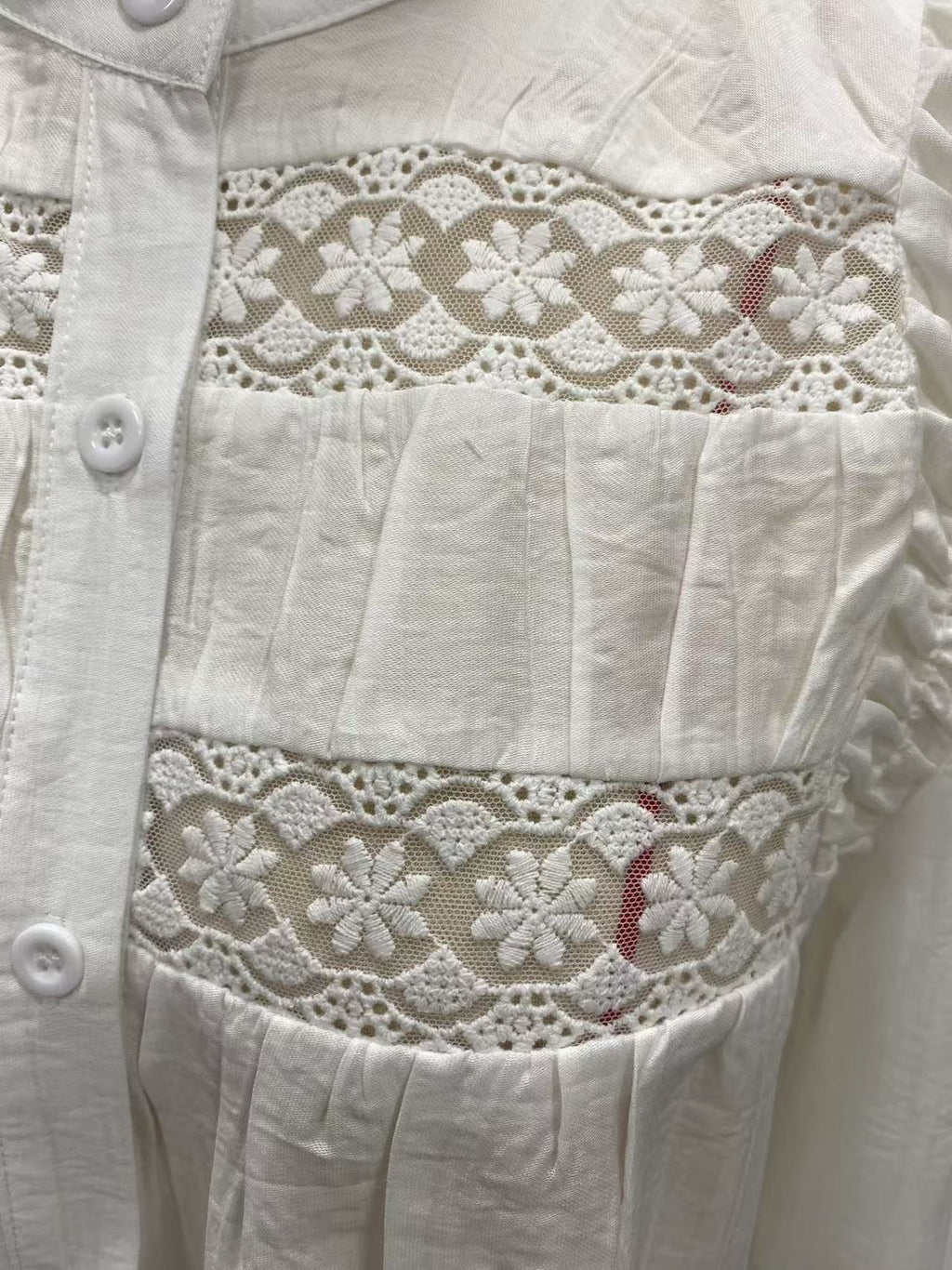 Lace Trim Balloon Sleeve Boho Blouse - White - 1