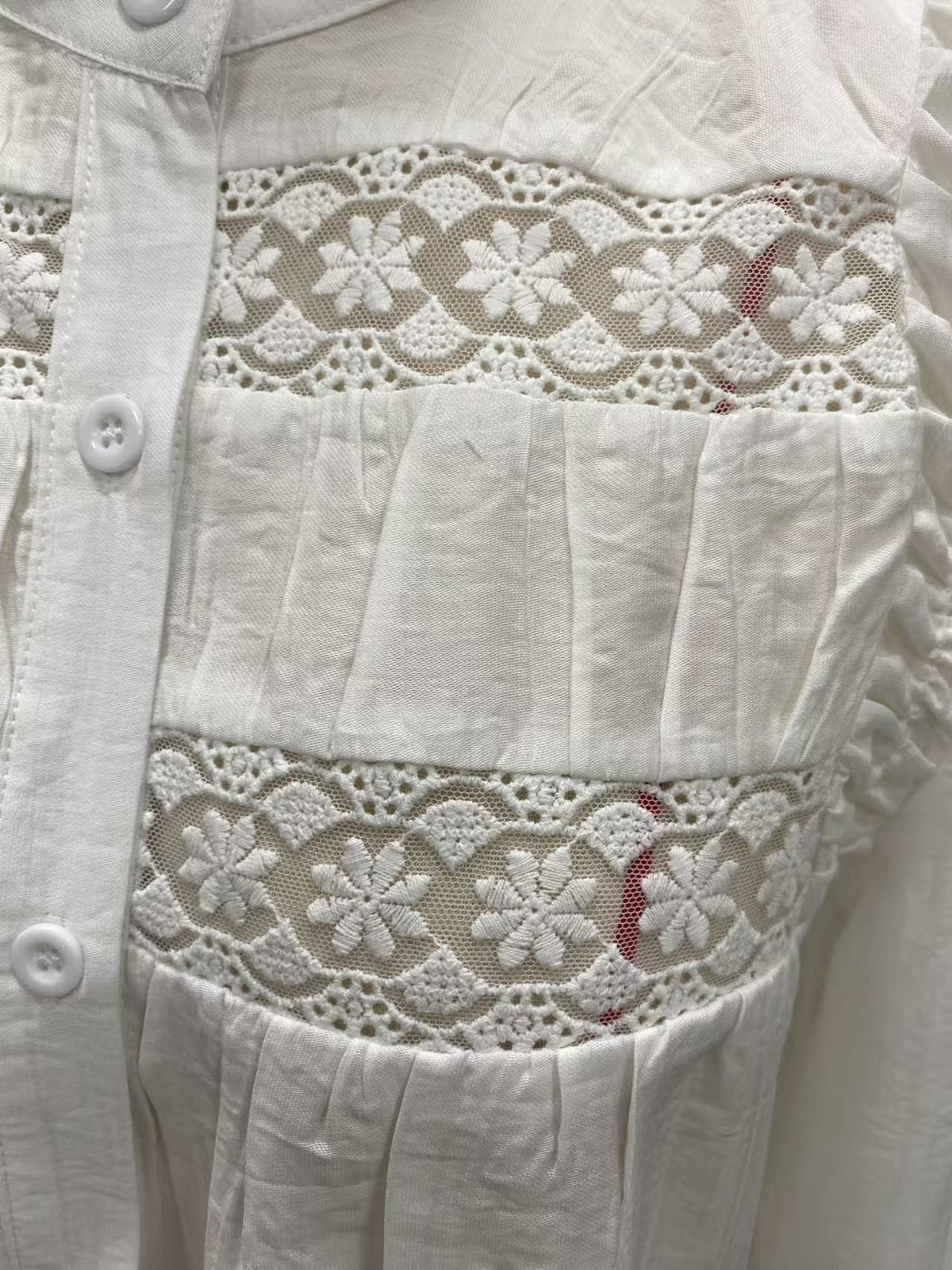 Lace Trim Balloon Sleeve Boho Blouse - White - 1