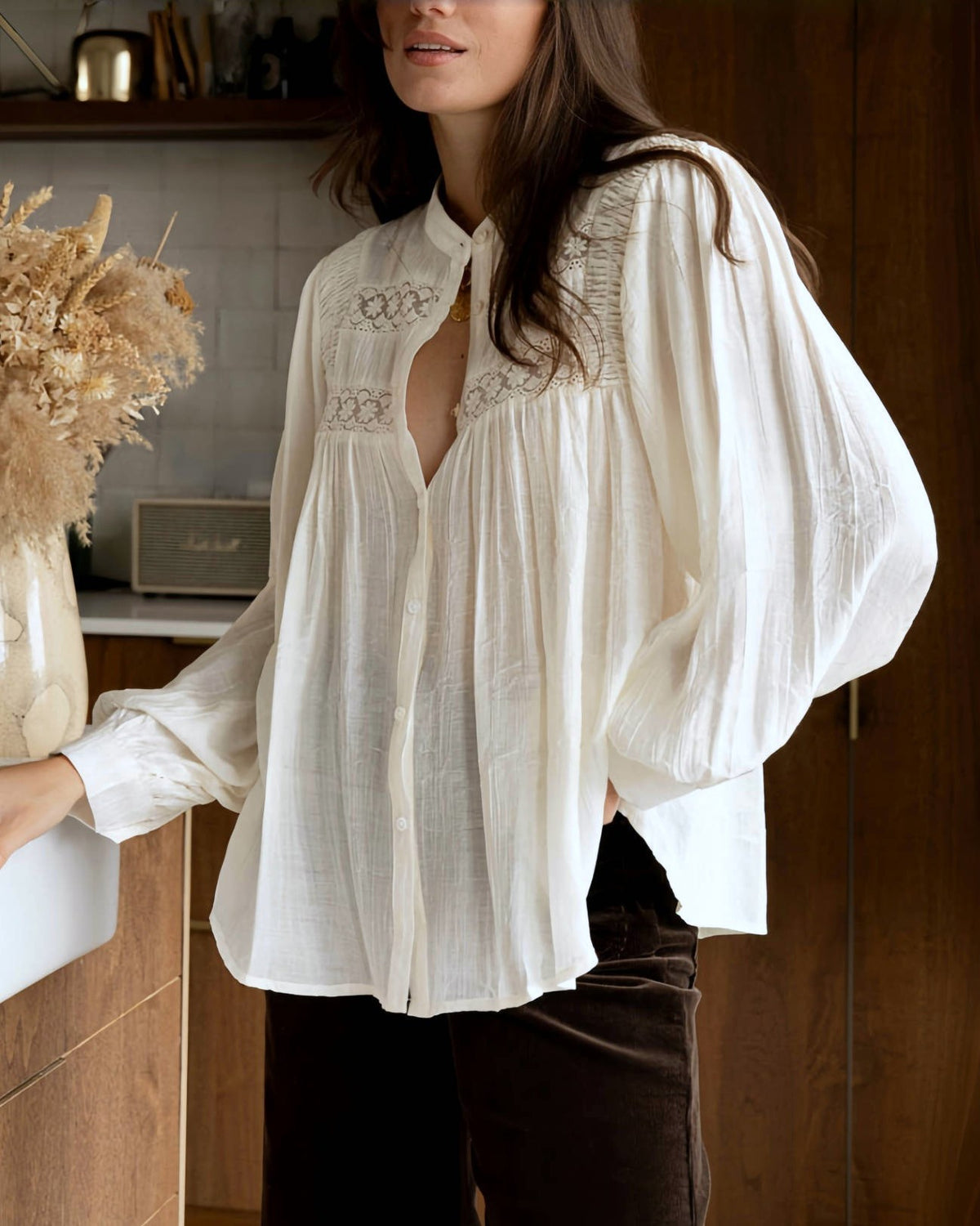 Lace Trim Balloon Sleeve Boho Blouse - White - 3