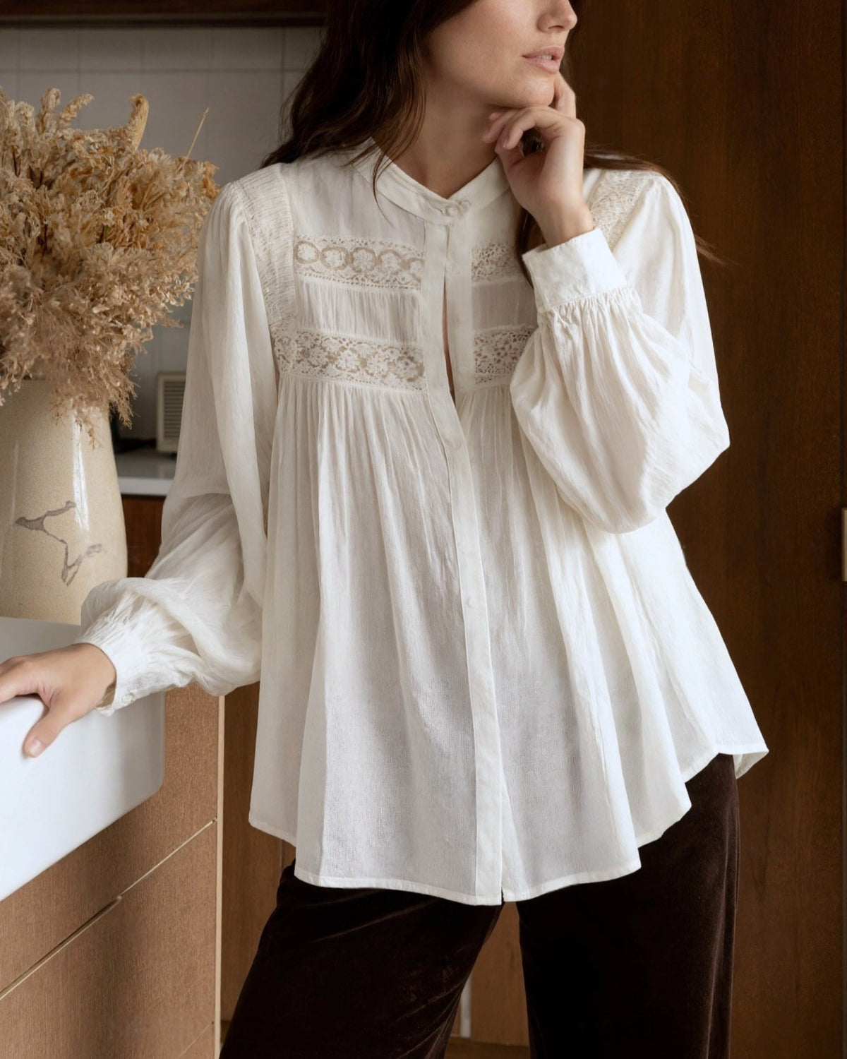 Lace Trim Balloon Sleeve Boho Blouse - White - 4
