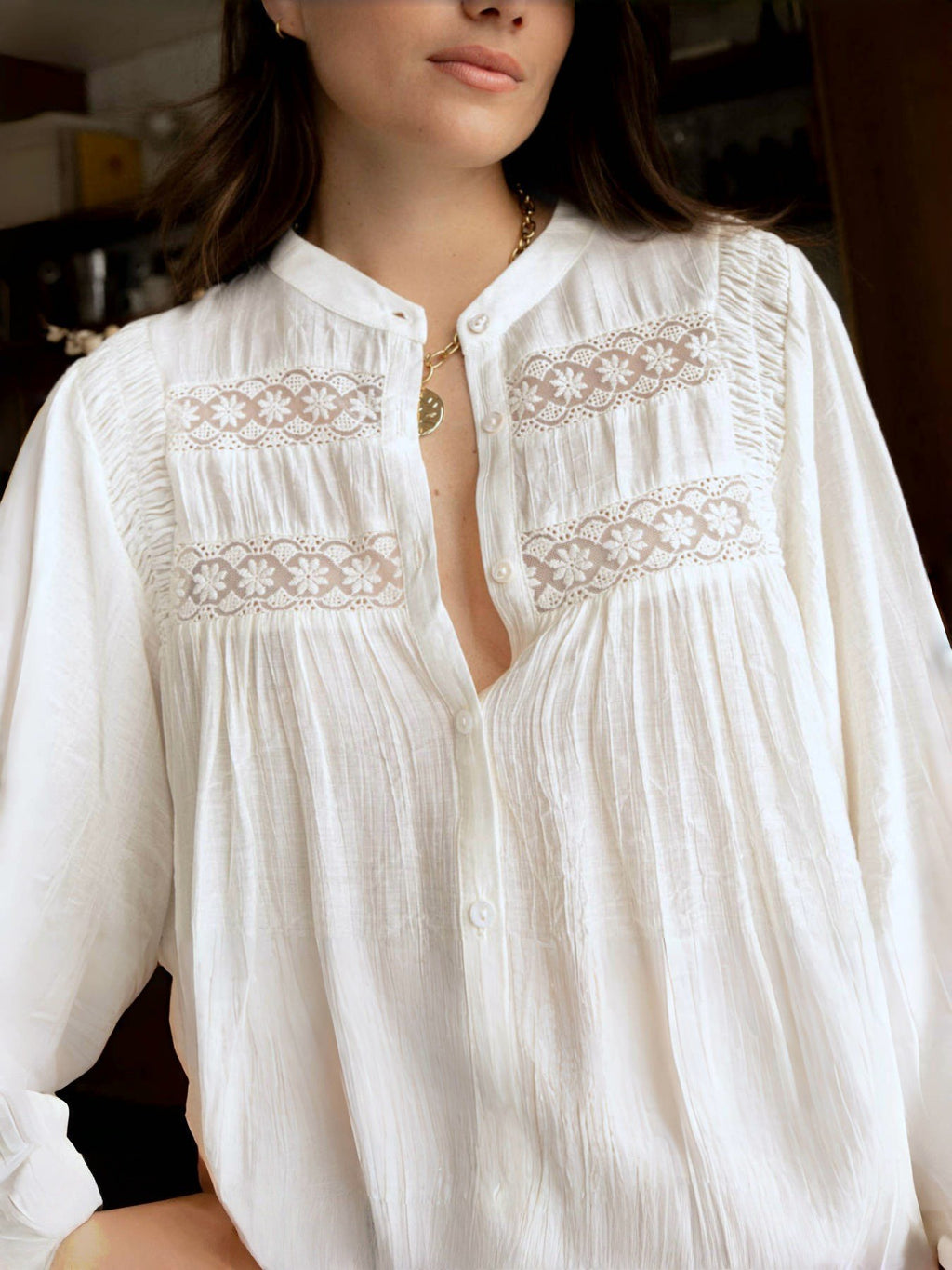 Lace Trim Balloon Sleeve Boho Blouse - White - 5