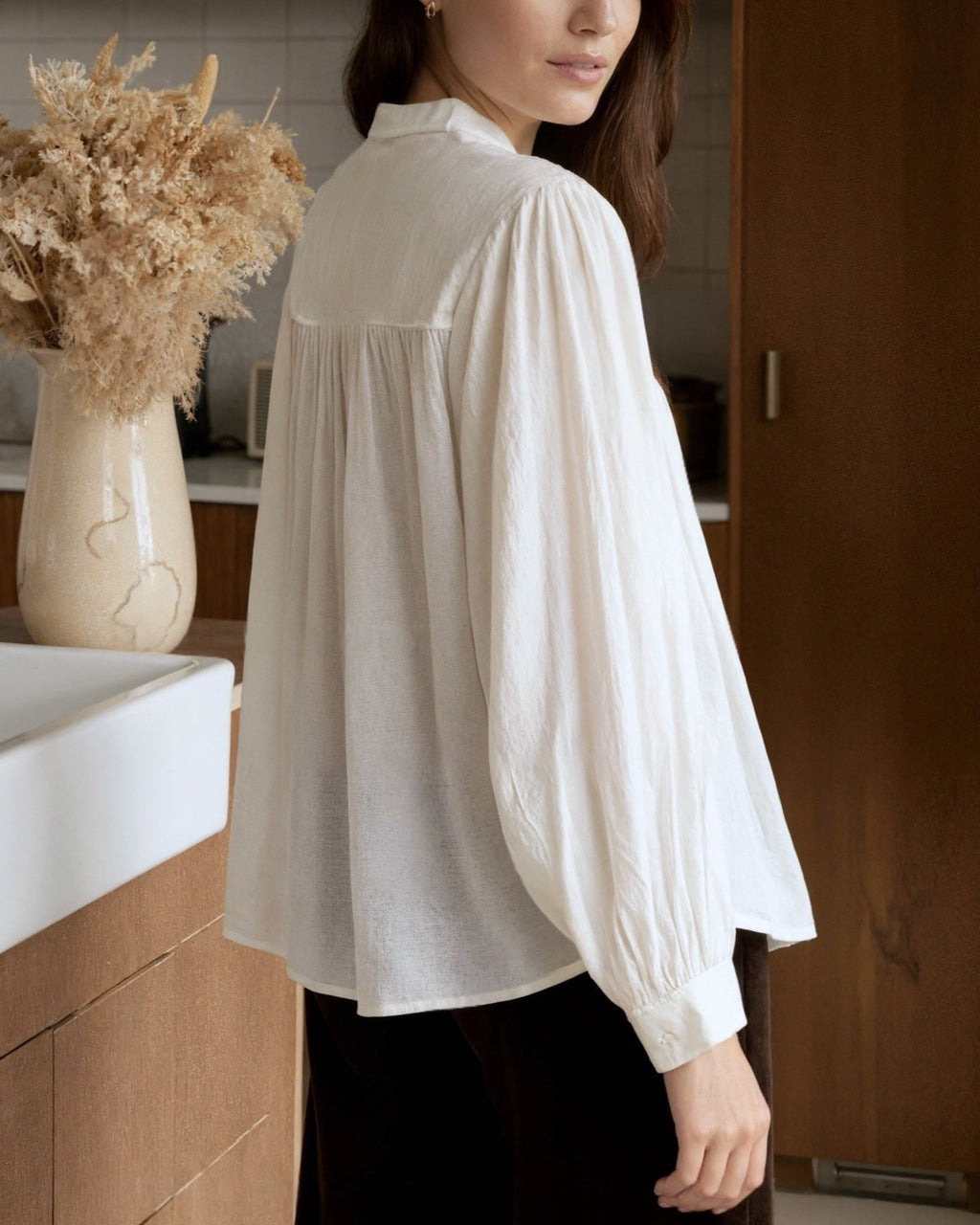 Lace Trim Balloon Sleeve Boho Blouse - White - 6