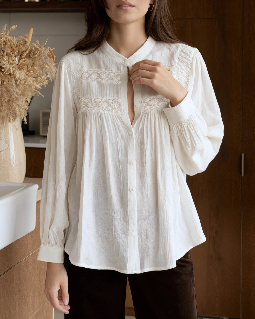 Lace Trim Balloon Sleeve Boho Blouse - White - 7